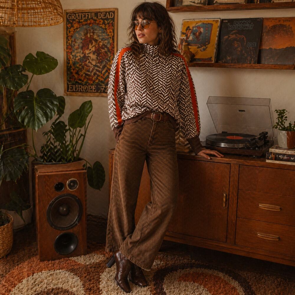 Sz M Herringbone Brown Orange 70s Style Turtleneck Sweater Groovy Hipster Vibe